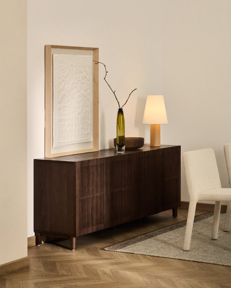 Beyla sideboard with 4 doors in ash veneer and solid ash wood with walnut-tone finish 180 x 71.5 cm FSC 100%