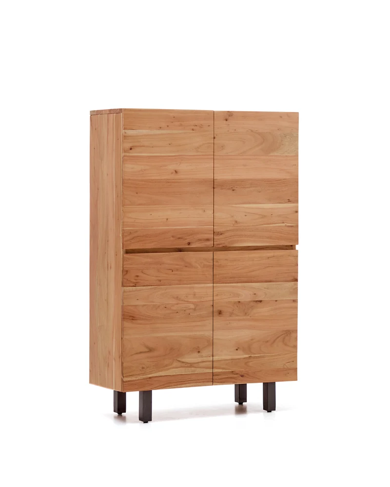 Uxue 4-door tall sideboard in solid acacia wood with bleached finish and black steel 100 x 155cm