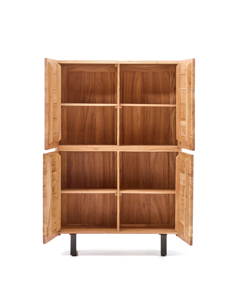 Uxue 4-door tall sideboard in solid acacia wood with bleached finish and black steel 100 x 155cm
