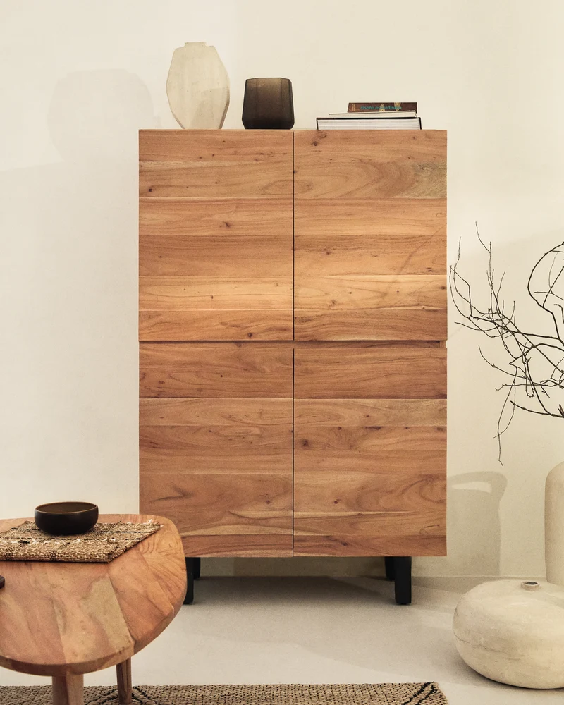 Uxue 4-door tall sideboard in solid acacia wood with bleached finish and black steel 100 x 155cm