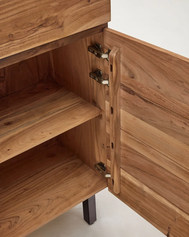 Uxue 4-door tall sideboard in solid acacia wood with bleached finish and black steel 100 x 155cm