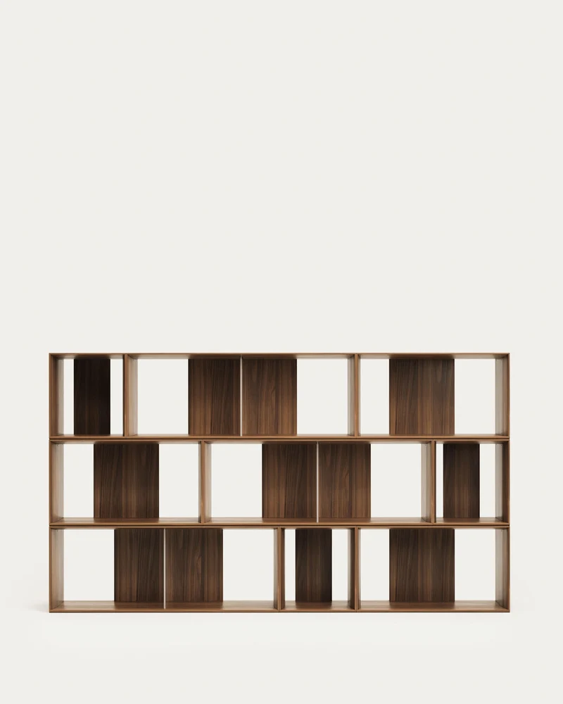 Litto set of 9 modular shelving units in walnut wood veneer, 202 x 114 cm