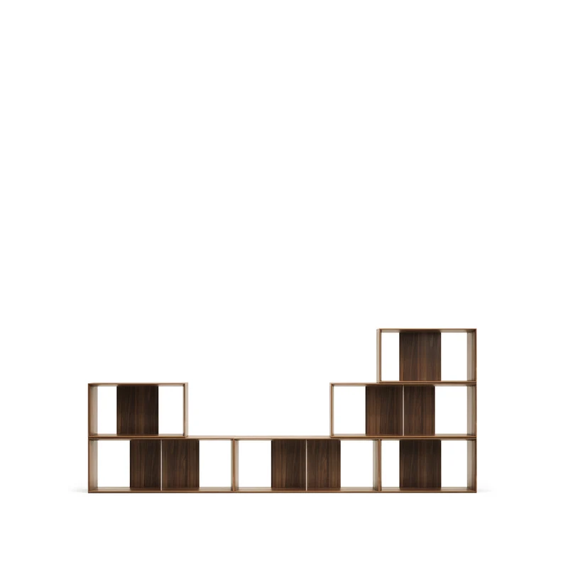 Litto set of 6 modular shelving units in walnut wood veneer, 168 x 114 cm