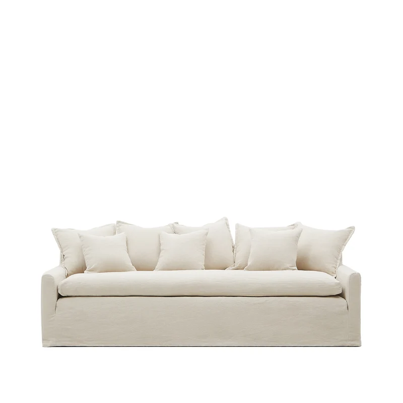 Zenira 3-seater sofa cover with cushions in beige cotton and linen 230cm