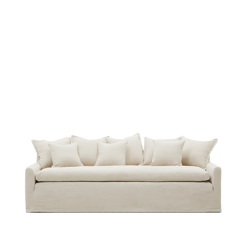 Zenira 3-seater sofa with removable cover and cushions in beige cotton and linen 230cm