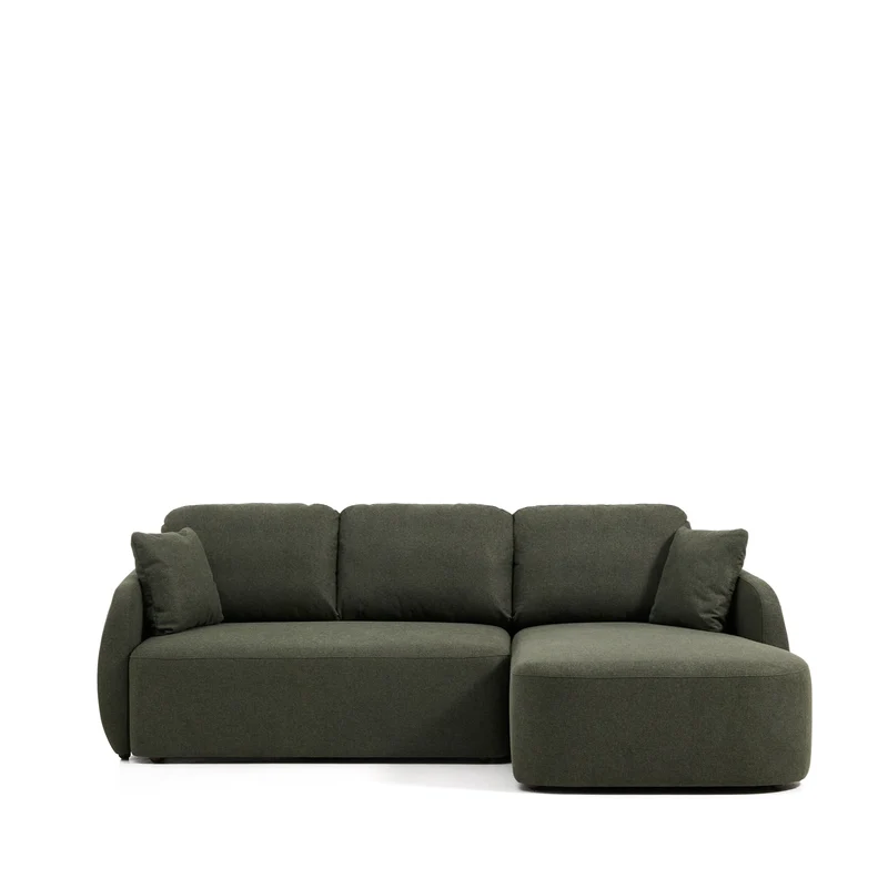 Laira 3-seater sofa bed with right chaise longue in dark green chenille 246cm FSC Mix Credit