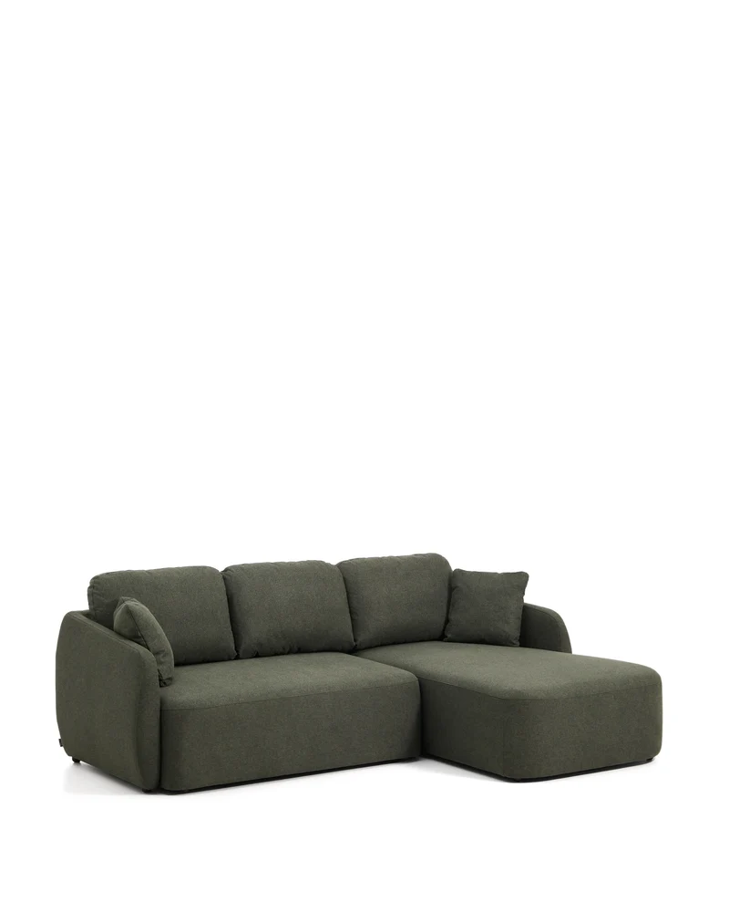Laira 3-seater sofa bed with right chaise longue in dark green chenille 246cm FSC Mix Credit