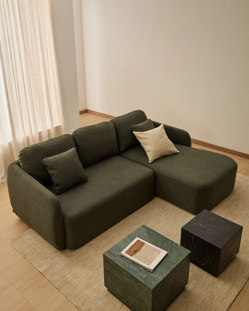 Laira 3-seater sofa bed with right chaise longue in dark green chenille 246cm FSC Mix Credit