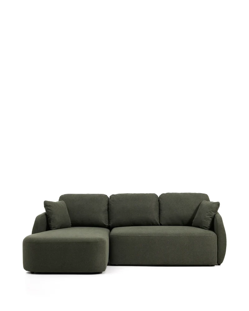 Laira 3-seater sofa bed with left chaise longue in dark green chenille 246cm FSC Mix Credit