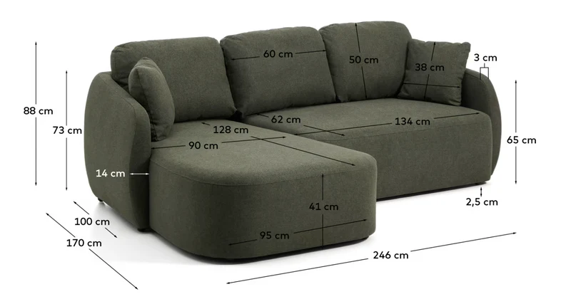Laira 3-seater sofa bed with left chaise longue in dark green chenille 246cm FSC Mix Credit