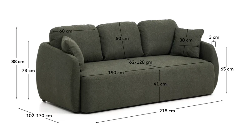 Laira 3-seater sofa bed in dark green chenille 218cm FSC Mix Credit