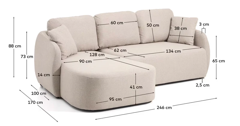 Laira 3-seater sofa bed with left chaise longue in beige chenille 246cm FSC Mix Credit