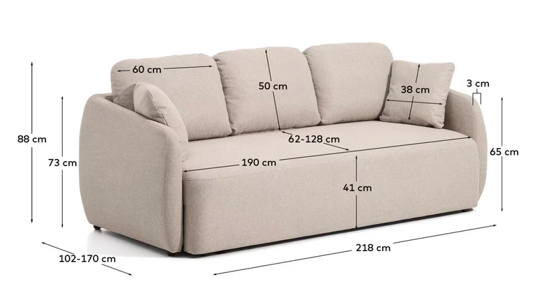 Laira 3-seater sofa bed in beige chenille 218cm FSC Mix Credit