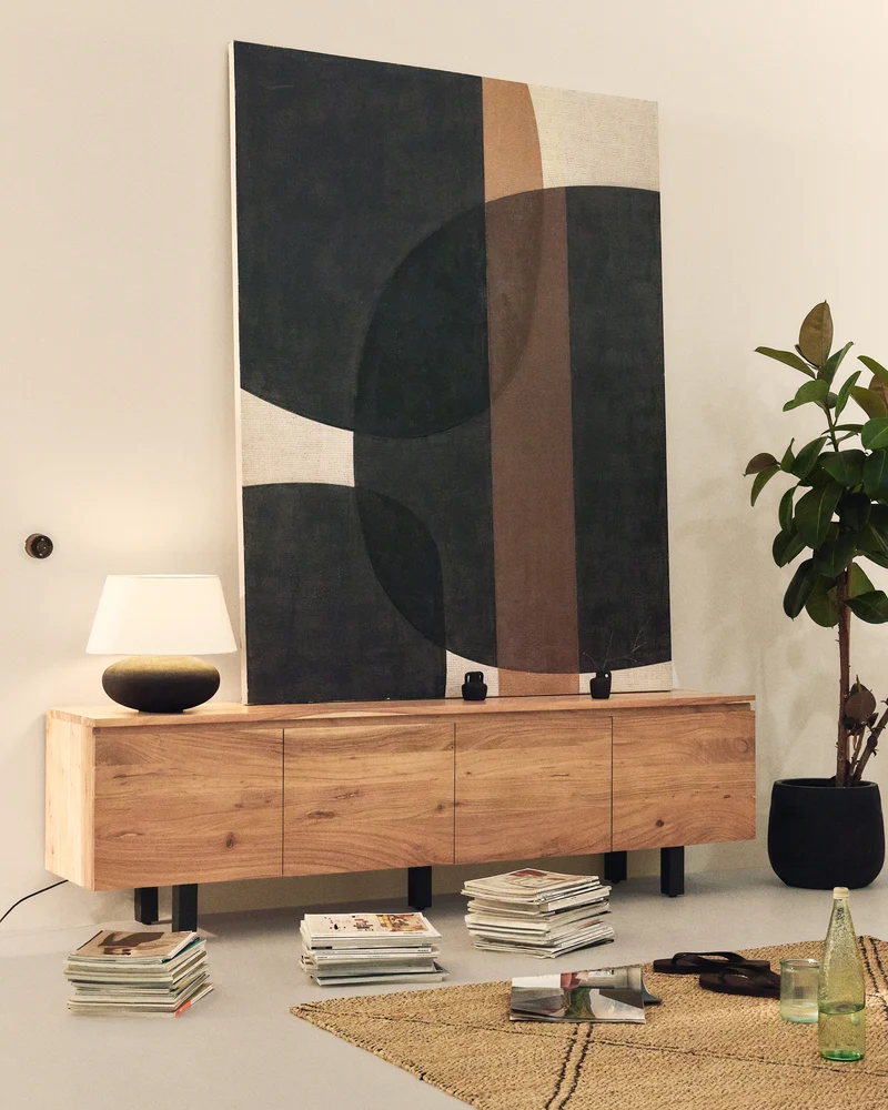 Uxue 4-door TV stand in solid acacia wood with bleached finish 200 x 58cm