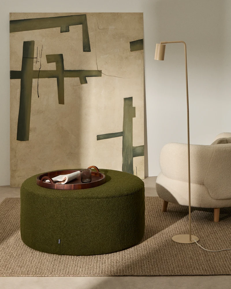 Kaeli footrest with removable cover in green bouclé Ø 90 cm