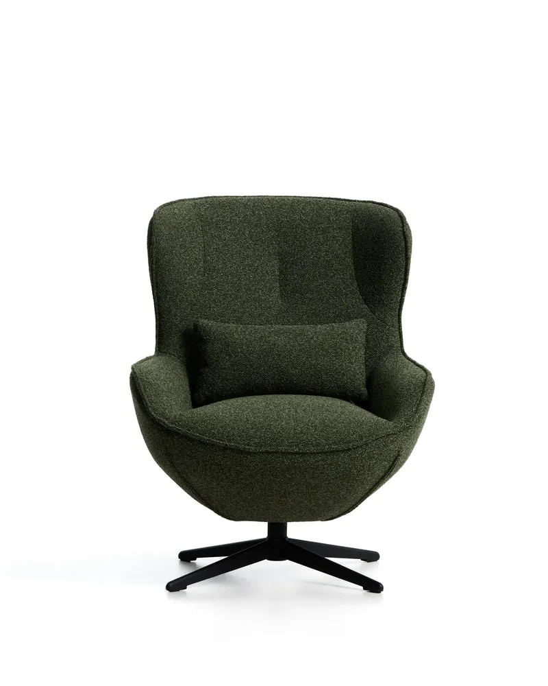 Sorile swivel armchair in dark green chenille and steel with black finish FSC 100%