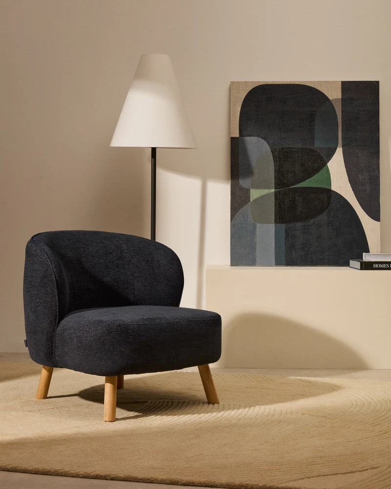 Ulit armchair in blue-grey chenille natural finish legs