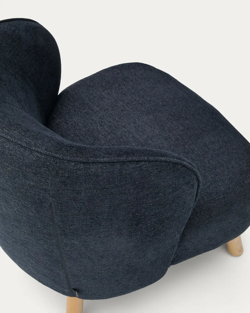 Ulit armchair in blue-grey chenille natural finish legs