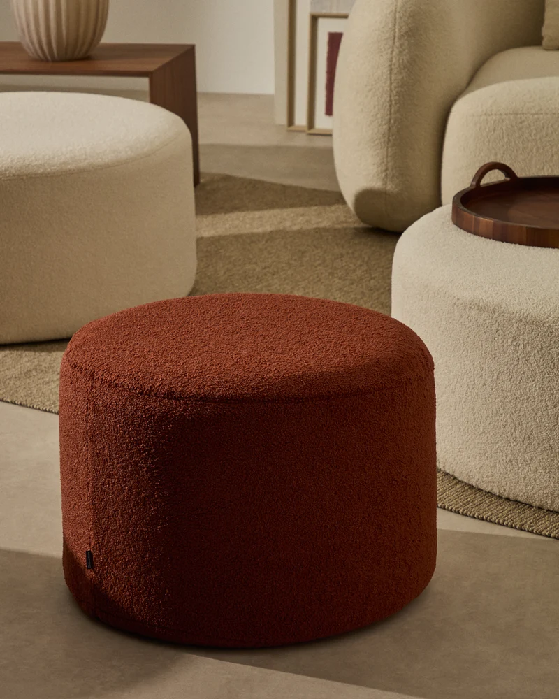 Kaeli footrest with removable cover in terracotta bouclé Ø 60 cm