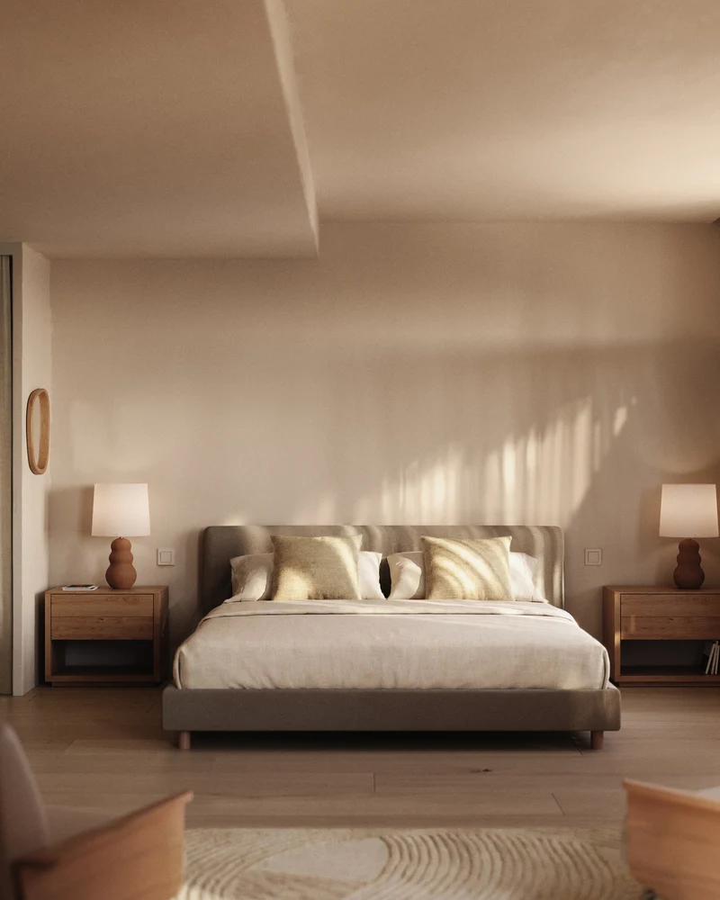 Valma brown chenille bed with removable cover with solid beech wood legs for 180 x 200cm mattress