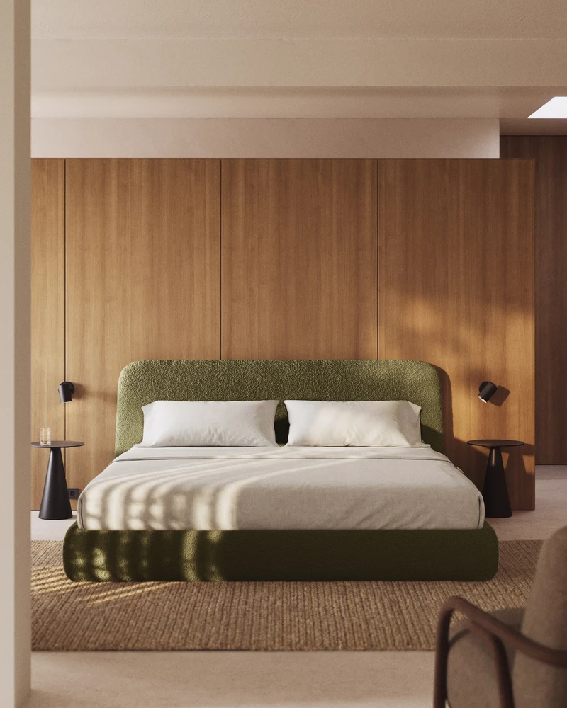 Martina bed with removable cover in dark green bouclé fabric for 180 x 200cm mattress FSC Mix Credit