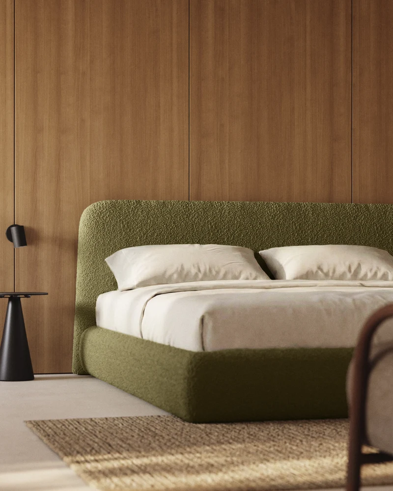 Martina bed with removable cover in dark green bouclé fabric for 180 x 200cm mattress FSC Mix Credit