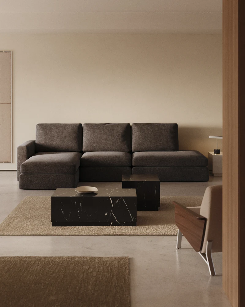 Alea dark brown chenille 5-seater modular sofa with left chaise longue and removable cover 340cm