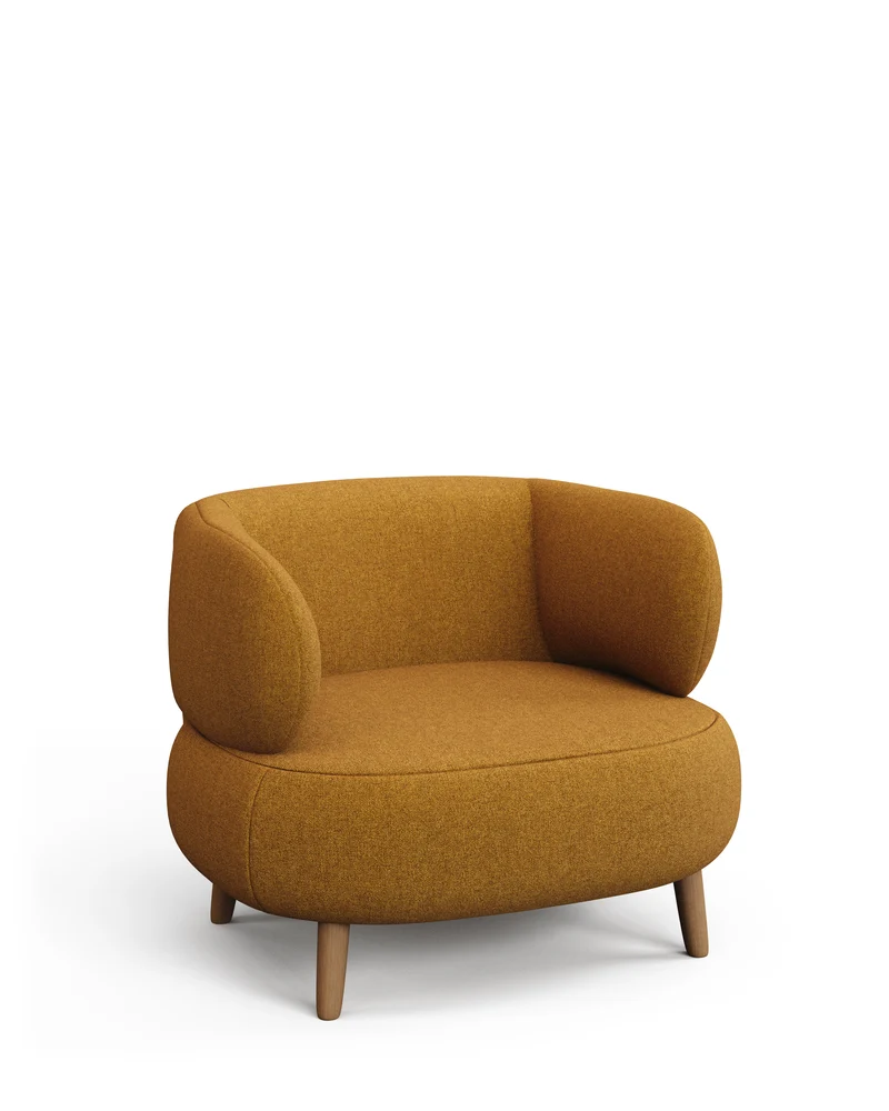 Luisa fire-retardant mustard bouclé armchair with solid beech wood legs 90cm