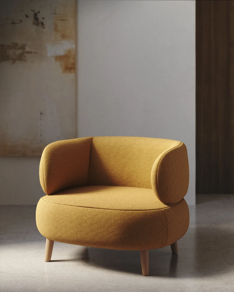 Luisa fire-retardant mustard bouclé armchair with solid beech wood legs 90cm