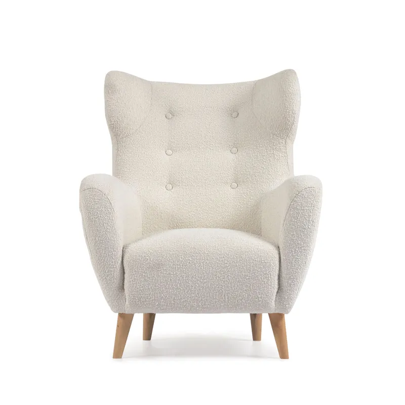 Patio armchair in white bouclé with solid, beech wood legs FSC Mix Credit