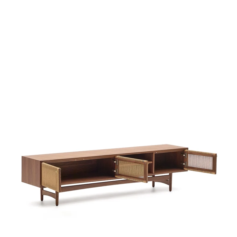 Elan TV cabinet 3 doors veneer and solid walnut and cord 200 x 50 cm FSC Mix Credit