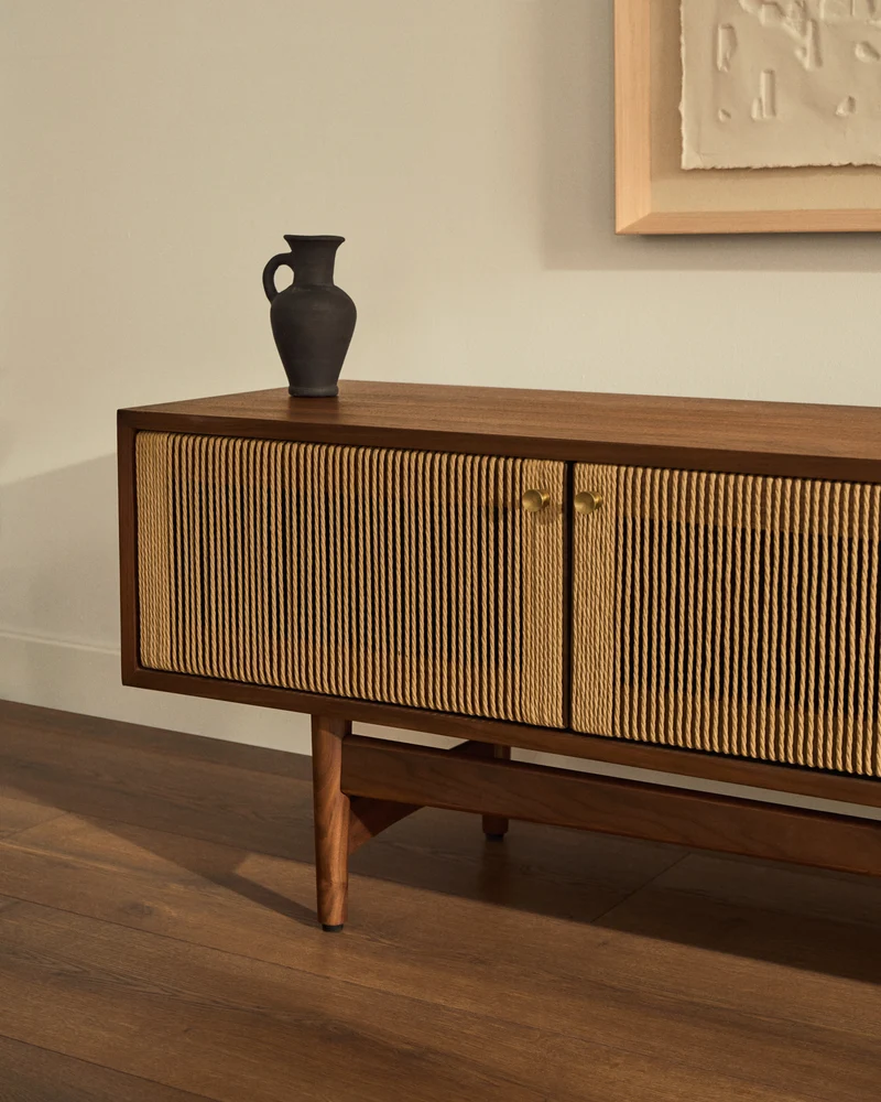 Elan TV cabinet 3 doors veneer and solid walnut and cord 200 x 50 cm FSC Mix Credit