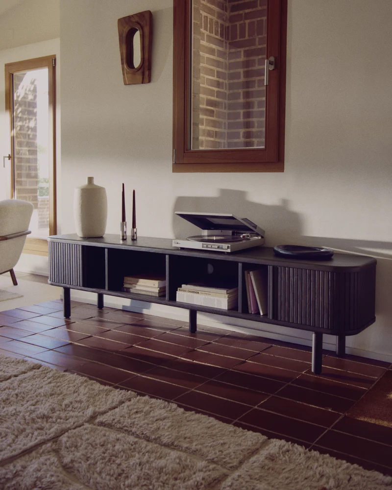 Mailen 2 door TV stand in ash veneer with a dark finish 200 x 50 cm