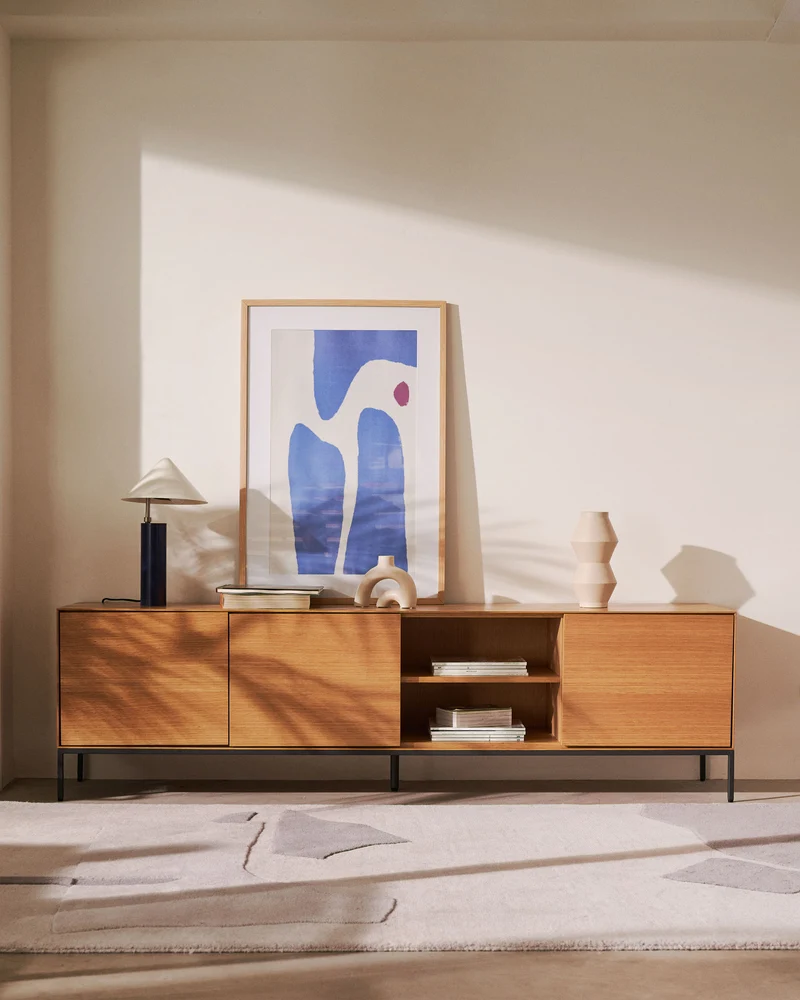 Vedrana 3-door TV stand in oak veneer with black steel legs, 195 x 55 cm