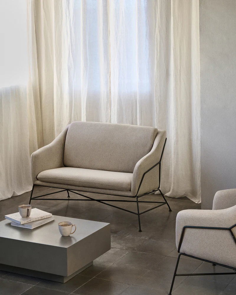 Brida 2-seater sofa in beige and steel legs with black finish, 128 cm