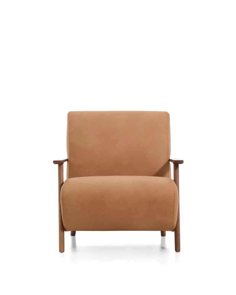 Meghan armchair in brown leather and solid ash wood with walnut-coloured finish FSC Mix Credit