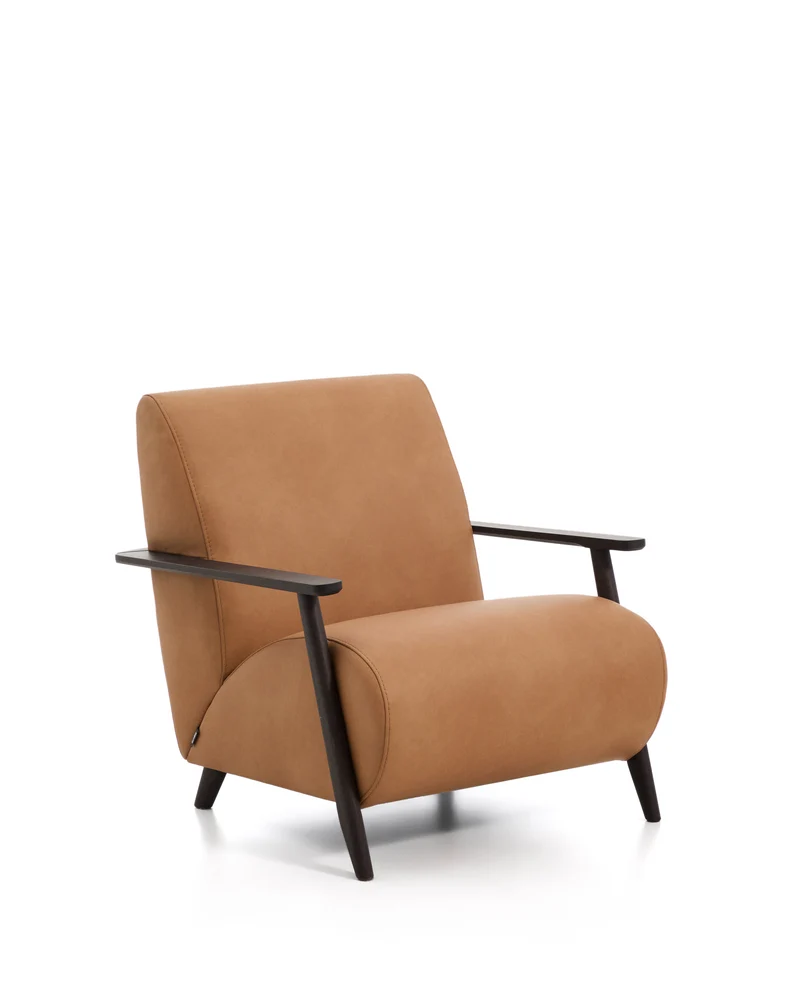 Meghan armchair in brown leather and solid ash wood with wenge-coloured finish FSC Mix Credit