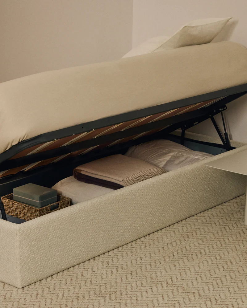 Nelzi ecru chenille side-opening ottoman bed base with removable cover for 90 x 200cm mattress FSC 100%