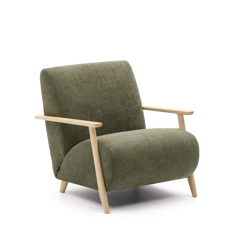 Meghan armchair in green chenille and with solid beech wood in a natural finish FSC Mix Credit