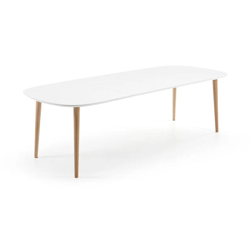 Oqui extendable oval table with an oak veneer and solid wood legs, Ø 160 (260) x 100 cm