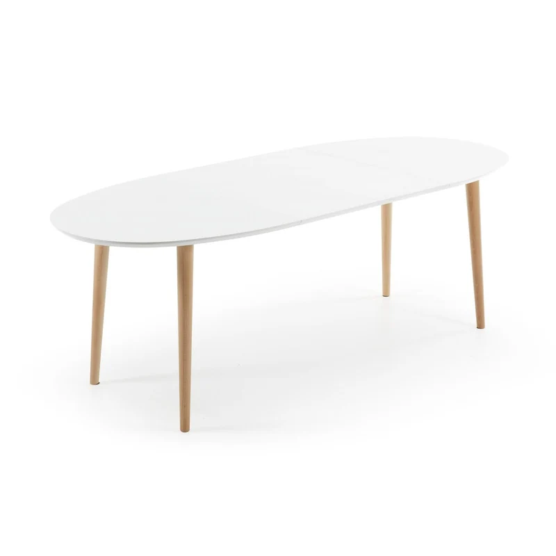 Oqui oval extendable MDF table with white lacquer and solid beech legs 140(220)x90 cm