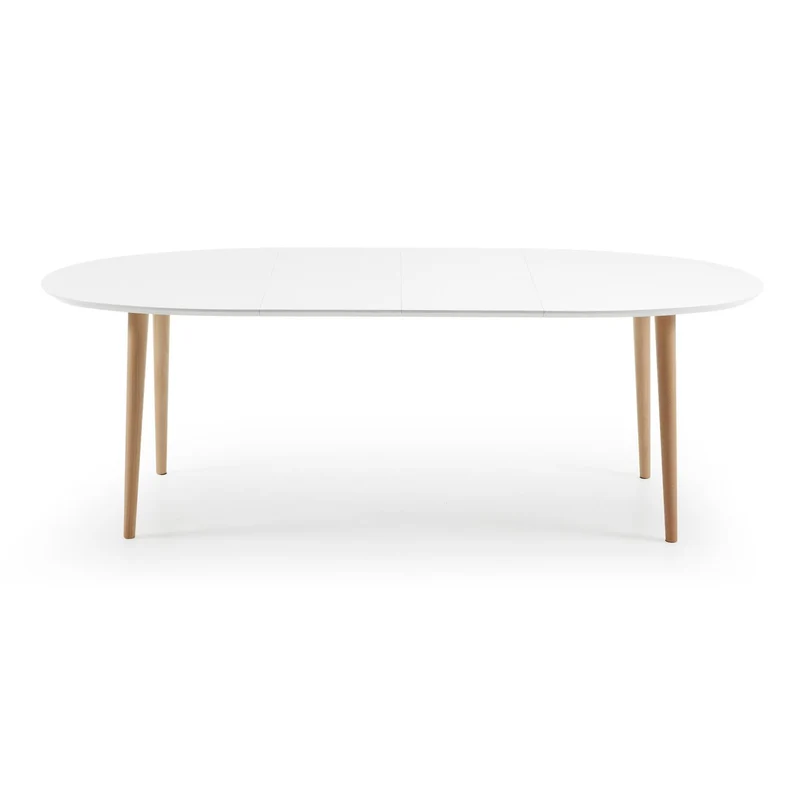 Oqui oval extendable MDF table with white lacquer and solid beech legs 140(220)x90 cm