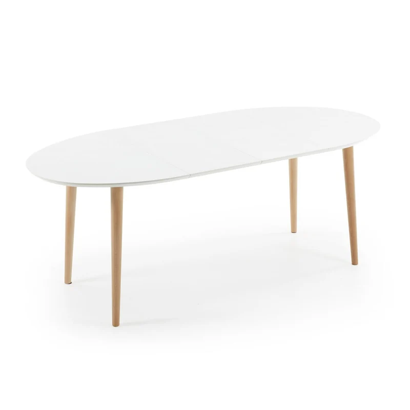 Oqui oval extendable MDF table with white lacquer and solid beech legs 120 (200) x 90 cm