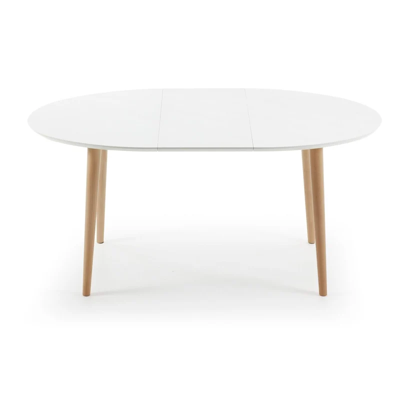 Oqui oval extendable MDF table with white lacquer and solid beech legs 120 (200) x 90 cm
