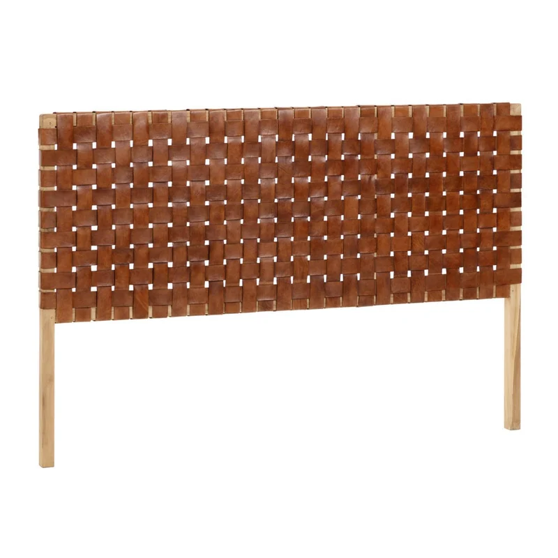 Calixta solid teak wood and leather headboard with natural finish for a bed up to 150 cm