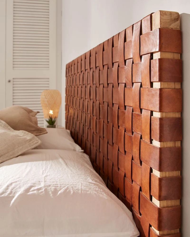 Calixta solid teak wood and leather headboard with natural finish for a bed up to 150 cm