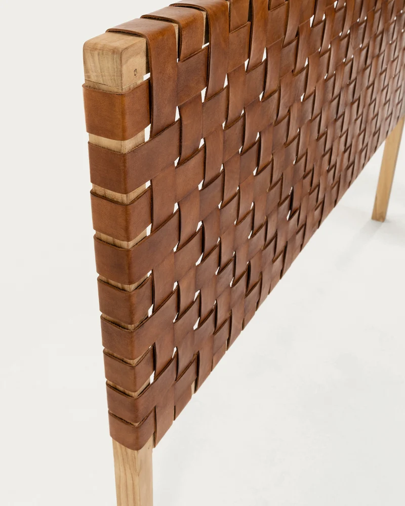 Calixta solid teak wood and leather headboard with natural finish for a bed up to 150 cm