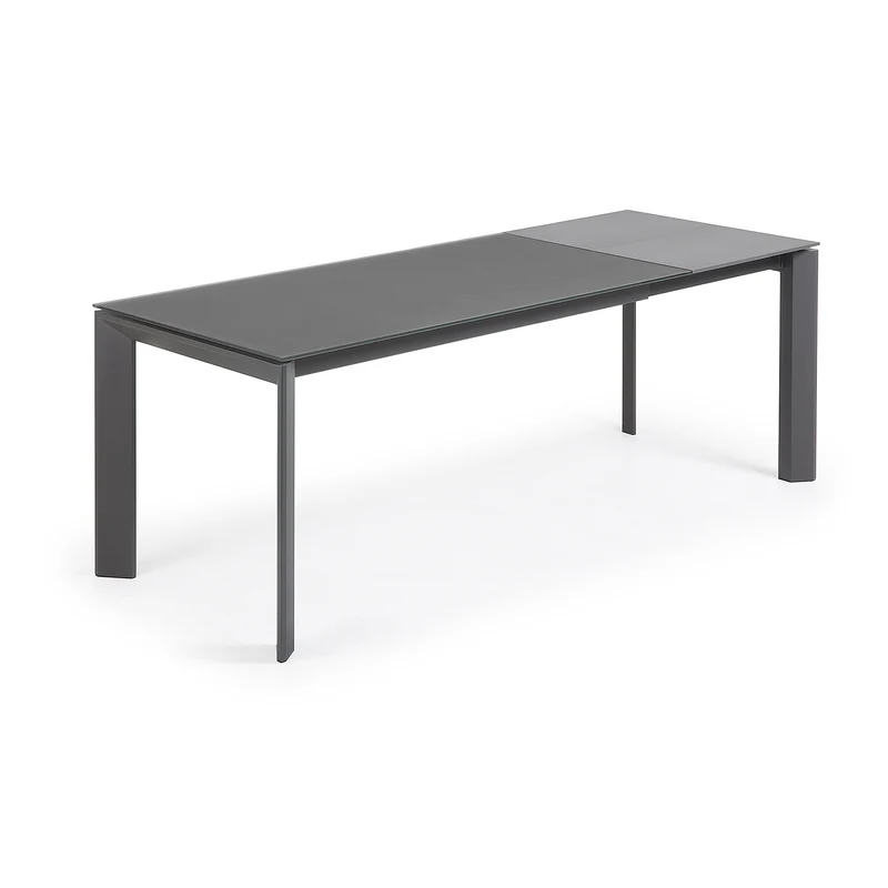 Axis extendable table in grey glass with steel legs in a dark grey finish, 160 (220) cm