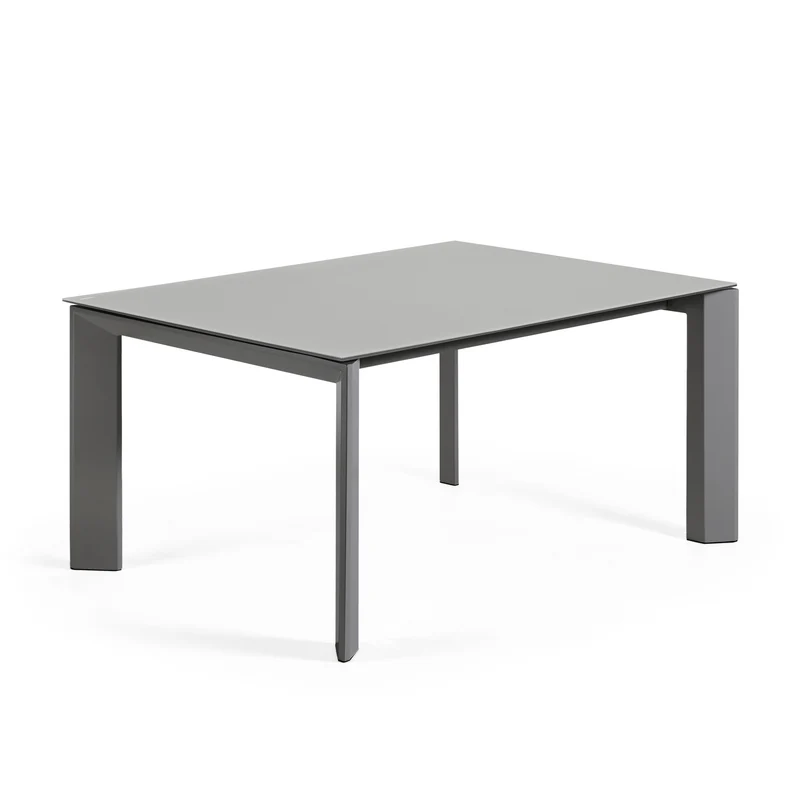 Axis extendable table in grey glass with steel legs in a dark grey finish, 160 (220) cm