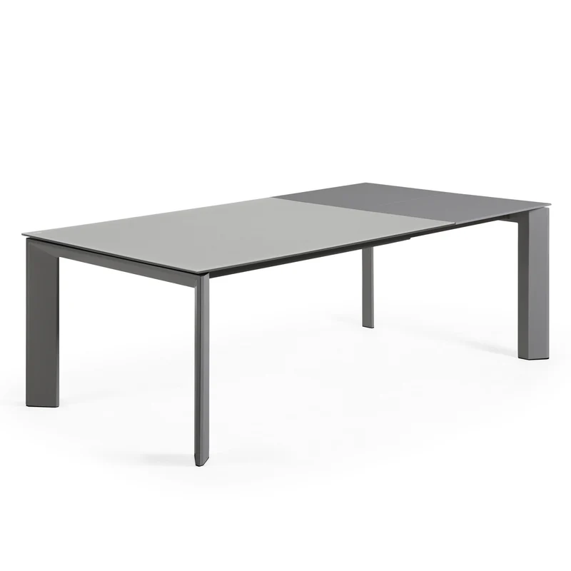Axis extendable table in grey glass with steel legs in a dark grey finish, 160 (220) cm
